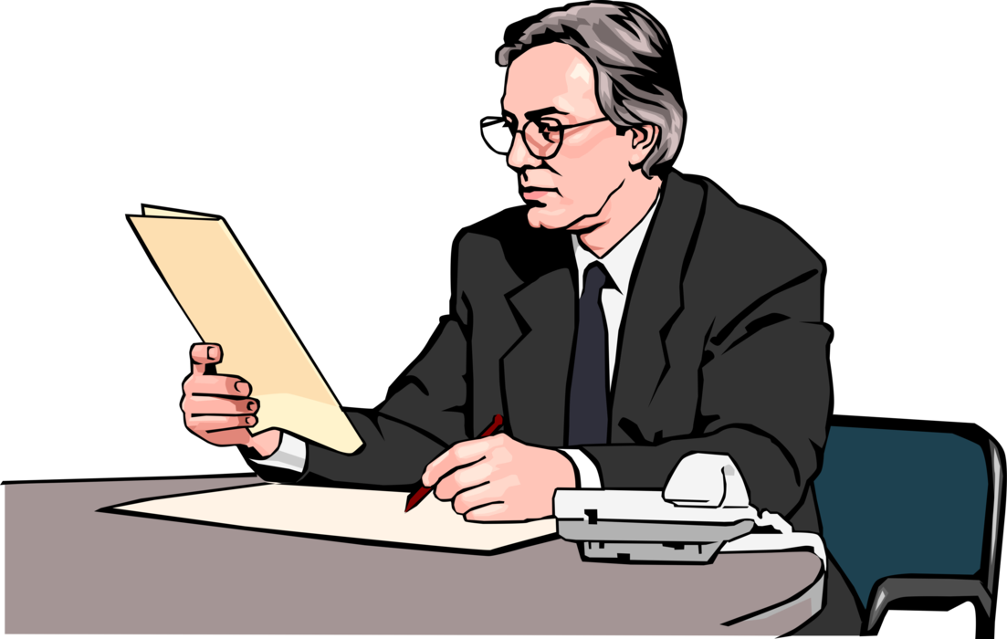 Vector Illustration of Businessman Reviewing Document at Desk