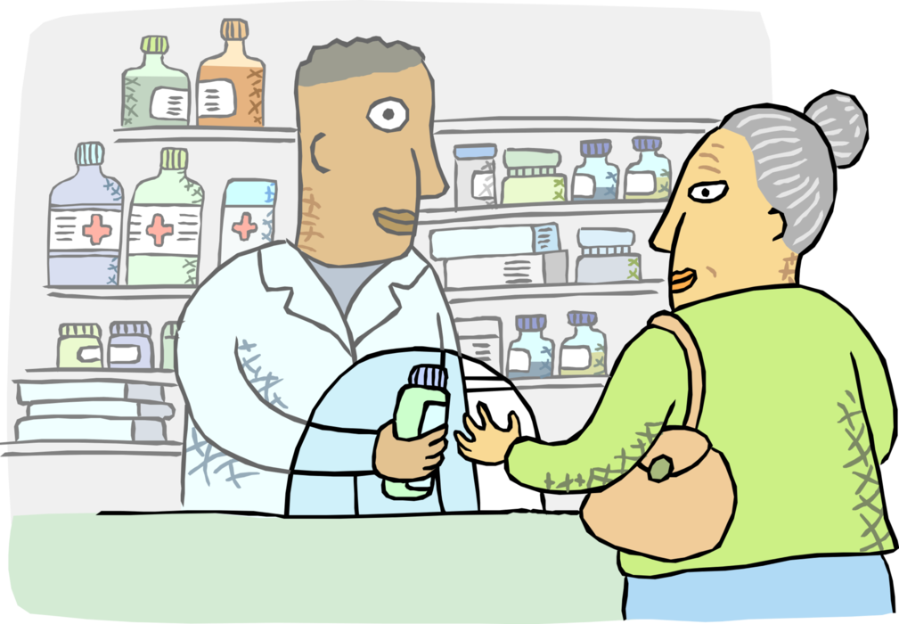 Vector Illustration of Pharmacy Pharmacist Dispensing Medicine to Customer