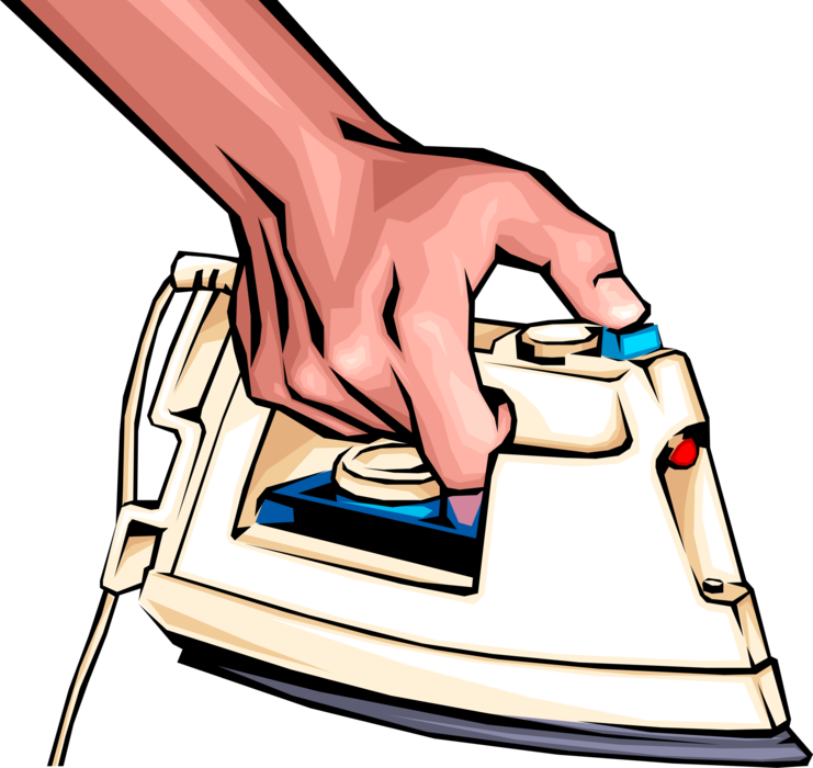 Vector Illustration of Hand Ironing with Small Appliance Electric Clothes Iron Flatiron