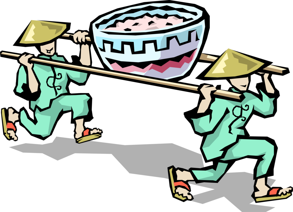 Vector Illustration of Chinese Peasants Carry Bowl of Rice