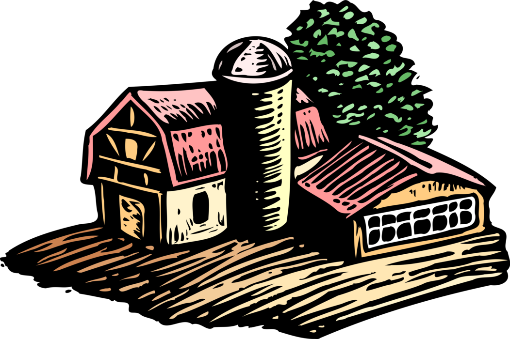 Vector Illustration of Farm Scene with Barn and Grain Storage Silo