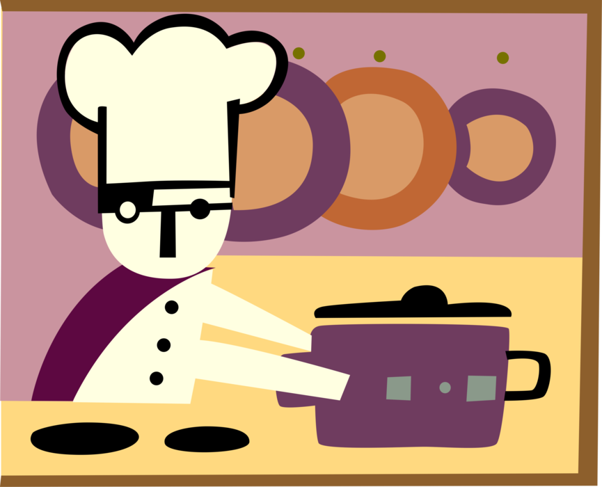 Vector Illustration of Culinary Cuisine Restaurant Chef with Traditional White Hat in the Kitchen with Large Saucepan on Stove Cooking