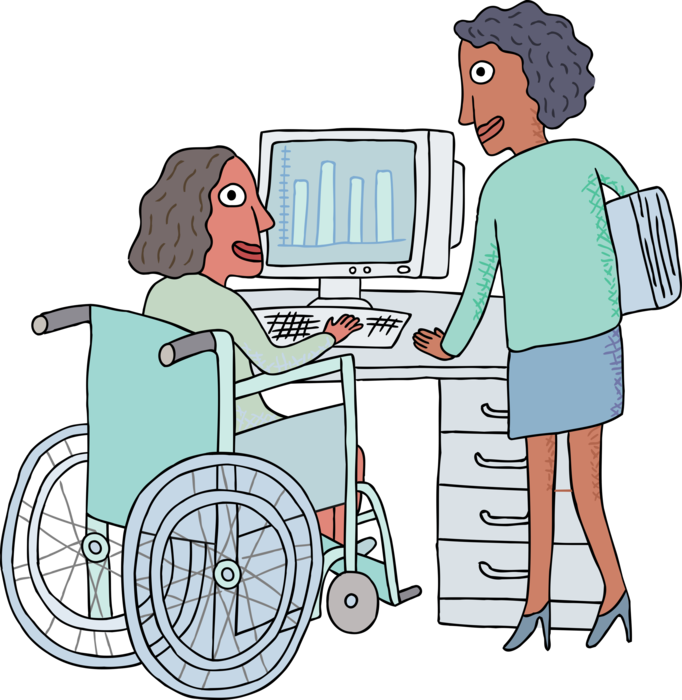 Vector Illustration of Disabled Office Woman in Wheelchair Discussing Business at Computer