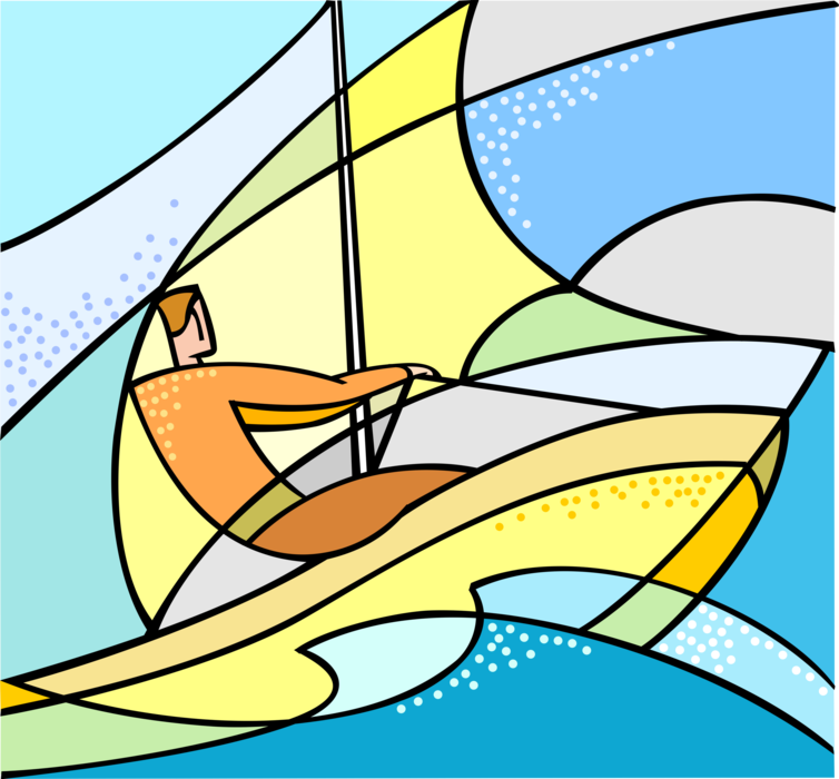 Vector Illustration of Sailor in Sailboat Sailing through Water on Summer Day