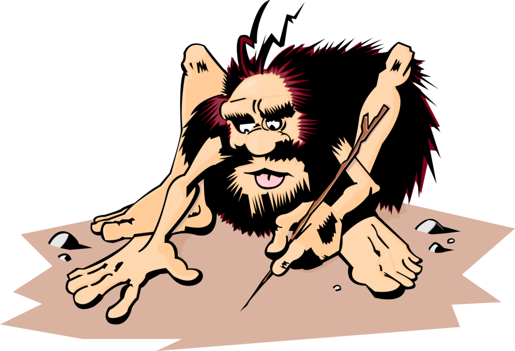Vector Illustration of Prehistoric Neanderthal Stone Age Caveman Draws with Stick in Dirt