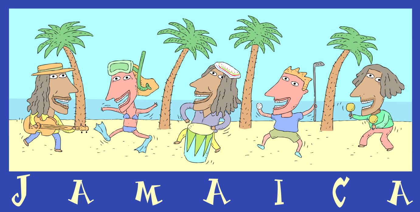 Vector Illustration of They're Jammin' Jammin' Jammin' at Jamaican Beach Party