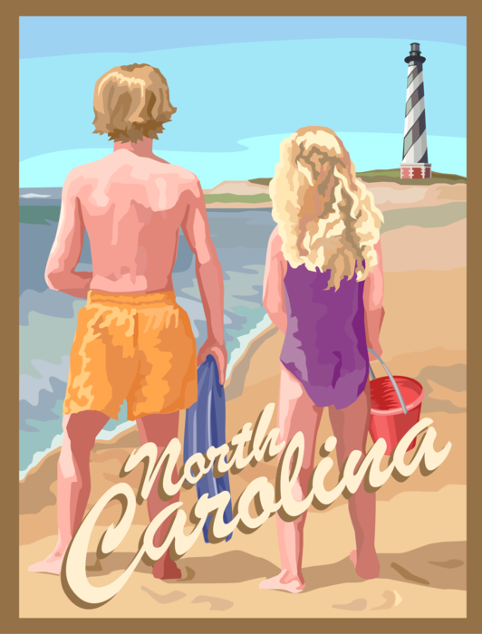 Vector Illustration of State of North Carolina Postcard Design with Cape Hatteras Light Lighthouse and Children on Beach