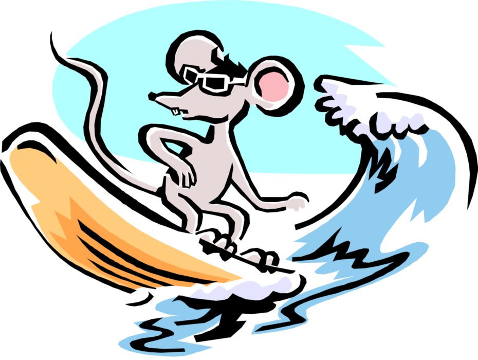 Vector Illustration of Cartoon Rodent Mouse Surfing Wave