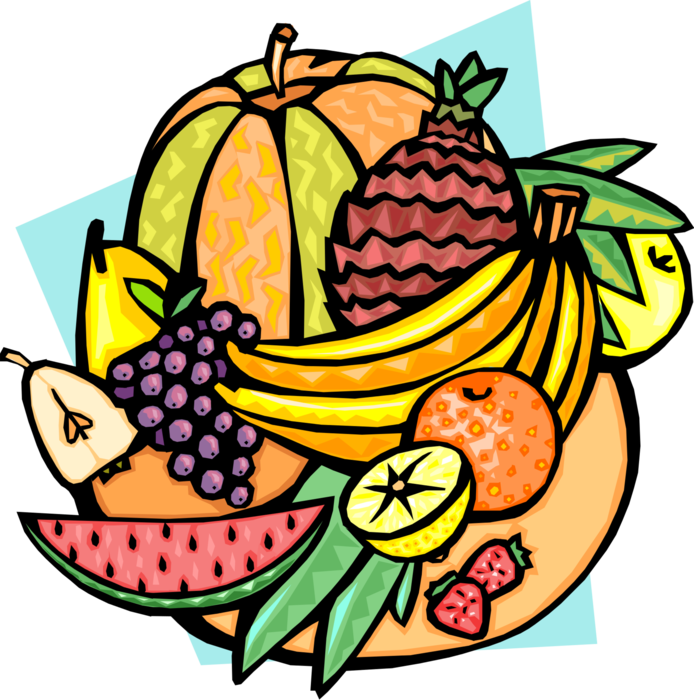 Vector Illustration of Fresh Melons, Bananas, Citrus, Grapes and Tropical Fruits