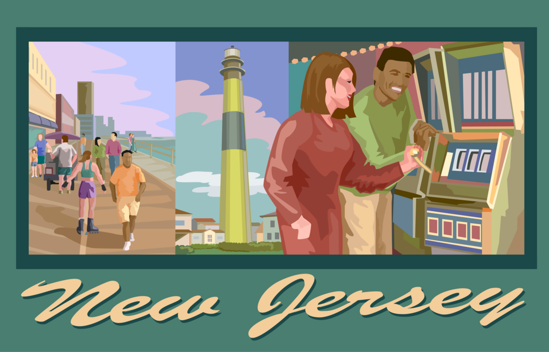 Vector Illustration of State of New Jersey Postcard Design Atlantic City Boardwalk and Gambling Casinos