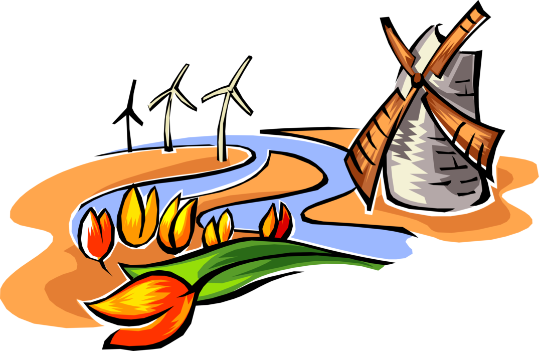 Vector Illustration of Netherlands Dutch Tulip Bulbous Plants and Windmill with Wind Turbines