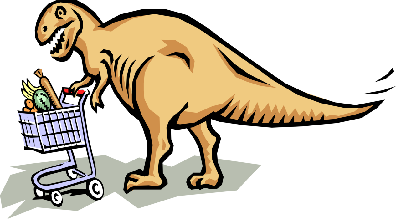 Vector Illustration of Prehistoric Tyrannosaurus Rex Dinosaur with Grocery Cart