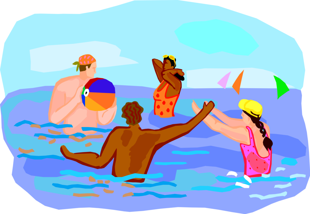 Vector Illustration of Summer Swimmers Swimming and Playing in Ocean