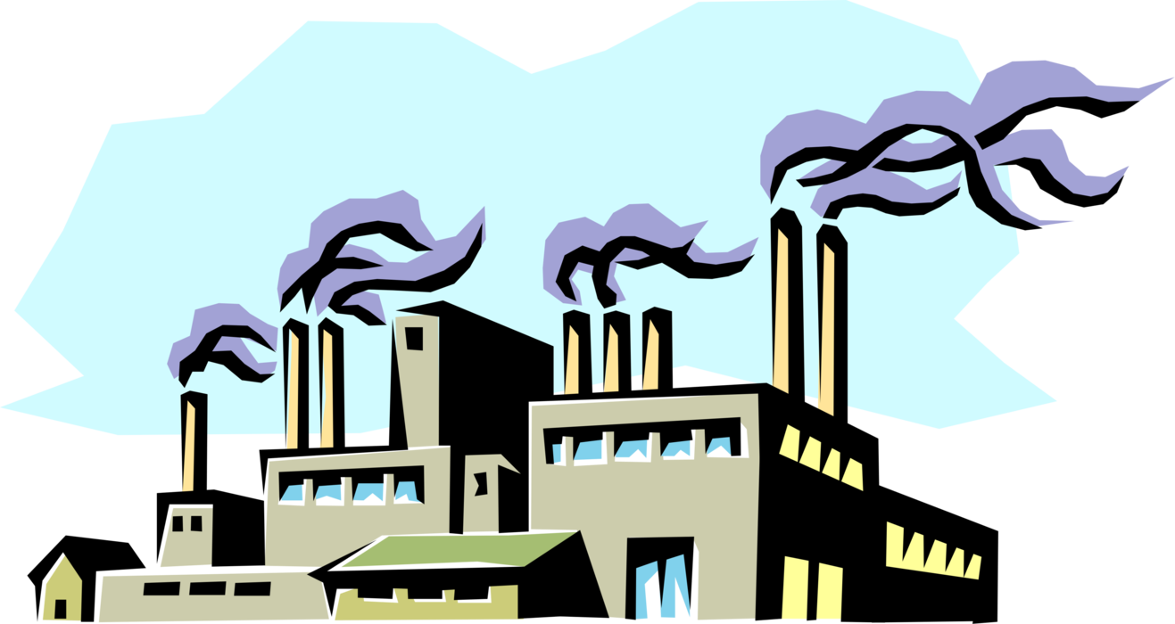 Vector Illustration of Industrial Manufacturing Factory Building with Smokestack Pollution