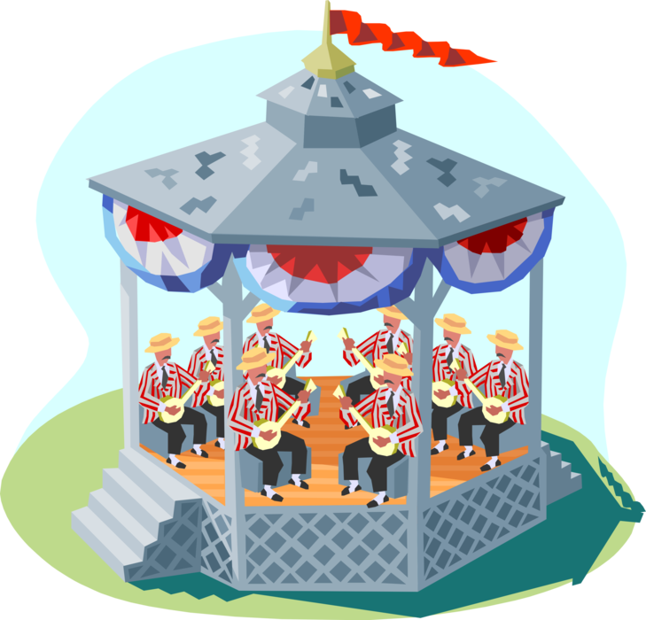 Vector Illustration of 19th Century Victorian Era Band Stand with Musical Band Preforming