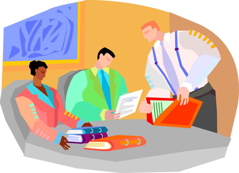 Vector Illustration of Business Meeting with Clients Reviewing Document Proposal
