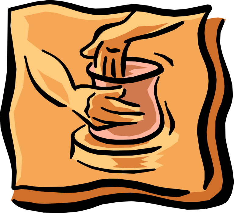 Vector Illustration of Creative Hands Making Pottery on Potter's Wheel