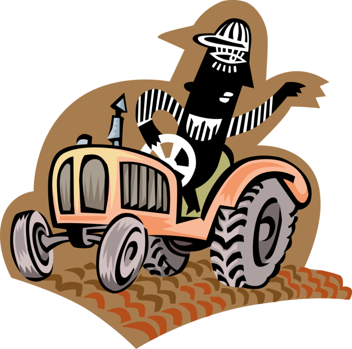 Vector Illustration of Farmer Driving Farm Tractor in Field