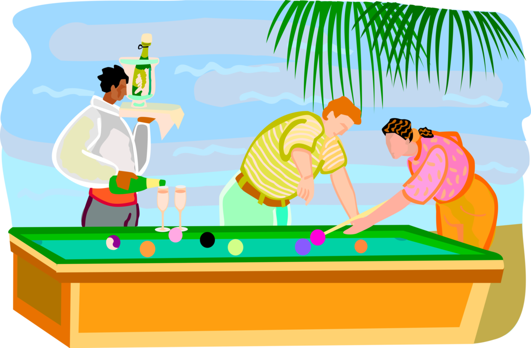 Vector Illustration of People Playing Game of Pocket Billiards Pool While on Vacation