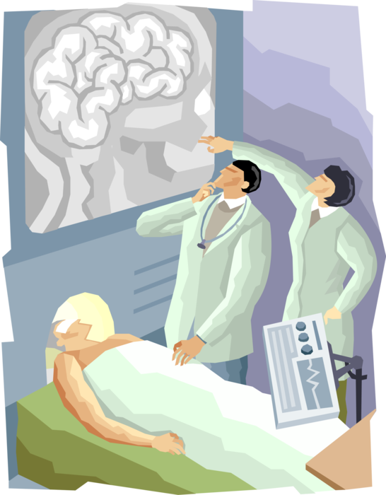 Vector Illustration of Medical Physician Doctor's Review Magnetic Resonance Brain Imaging (MRI) Patient Results on Monitor