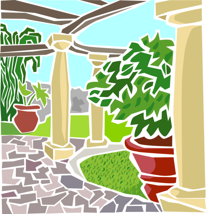 Vector Illustration of Outdoor Patio with Potted Plants and Columns