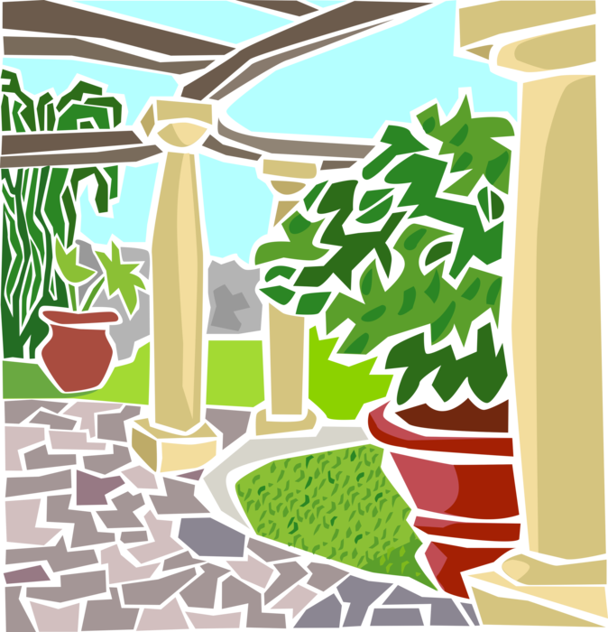 Vector Illustration of Outdoor Patio with Potted Plants and Columns