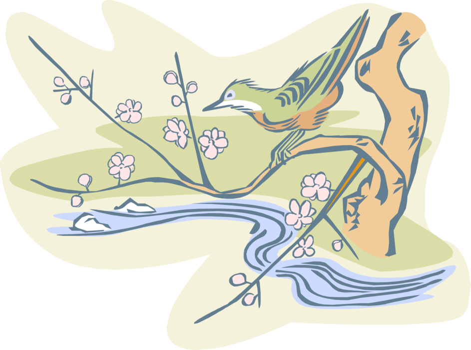 Vector Illustration of Bird on Flowering Tree Above Stream