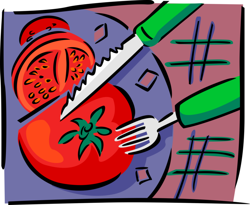 Vector Illustration of Garden Fresh Tomato Being Sliced with Knife and Fork