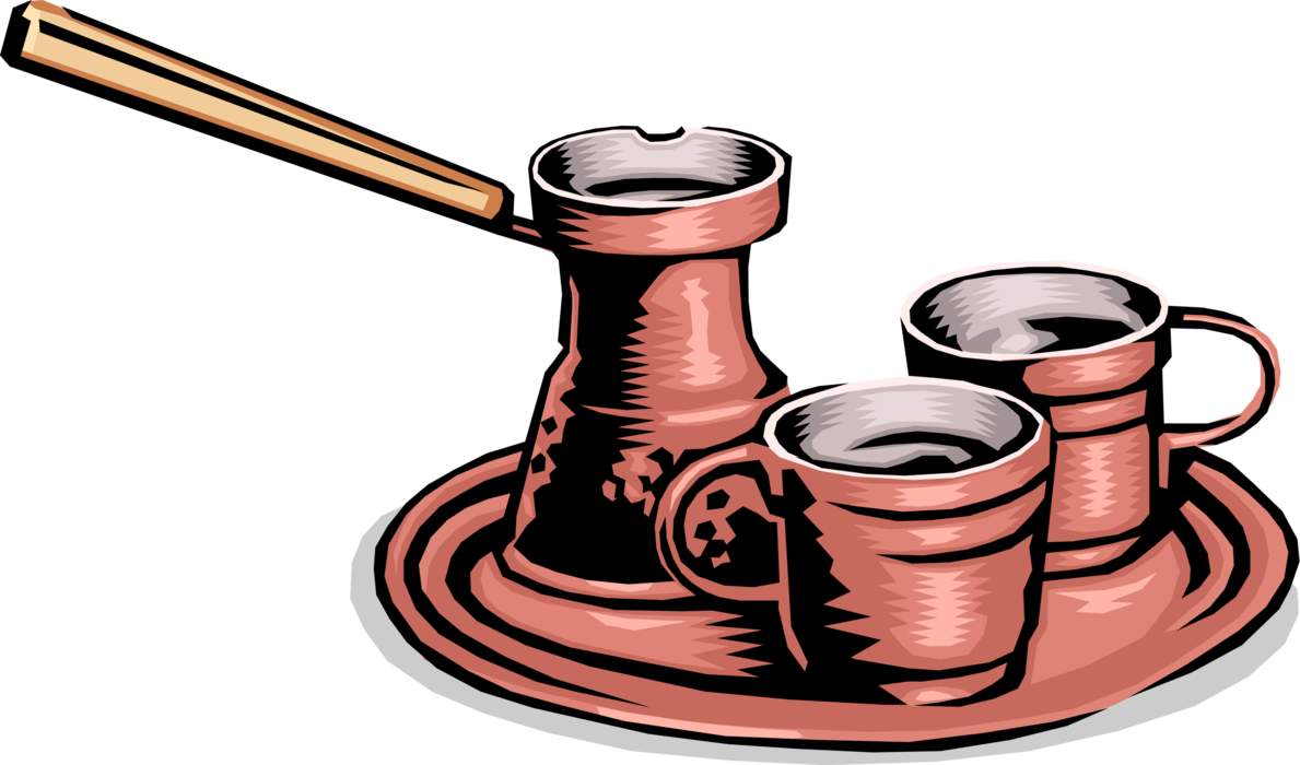Vector Illustration of Espresso, Demitasse Turkish Coffee Served from Copper Cezve