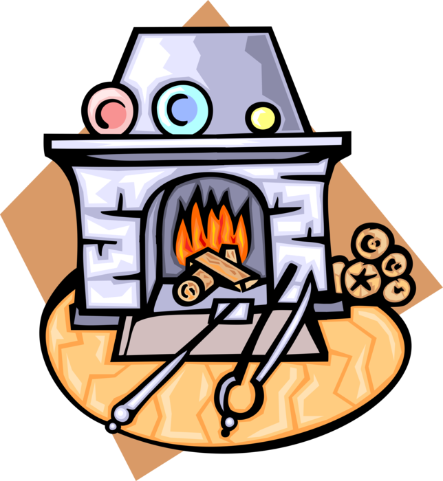 Vector Illustration of Fireplace Hearth with Burning Wood Fire