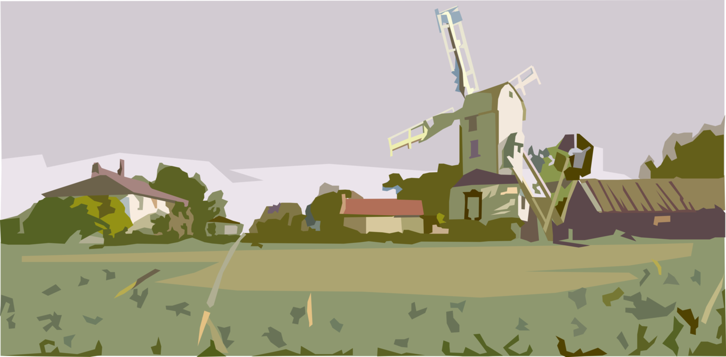 Vector Illustration of Netherlands Dutch Windmill Convert Wind Energy into Rotational Energy in Countryside