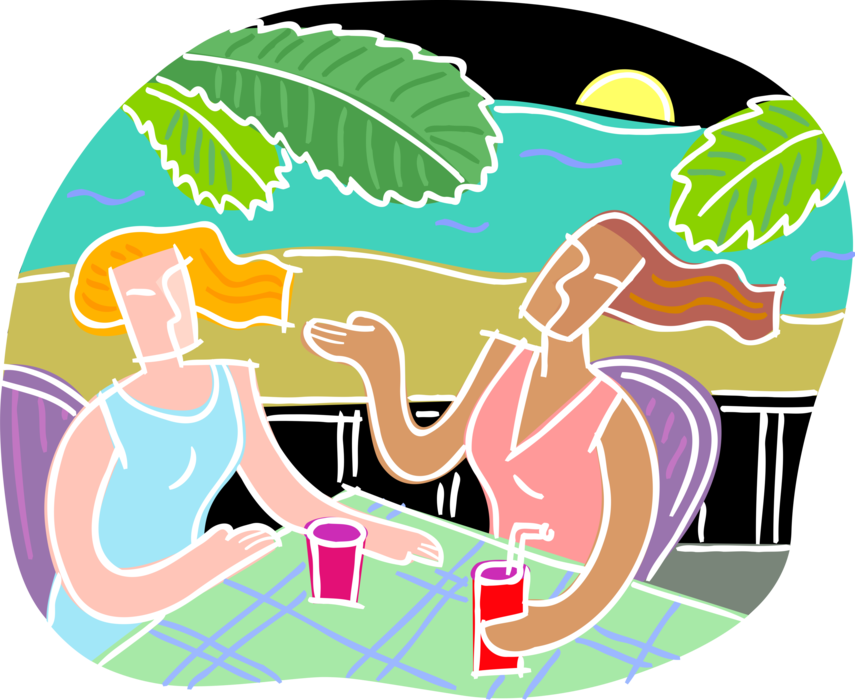 Vector Illustration of Two Friends Engage in Conversation and Drinks with Ocean View