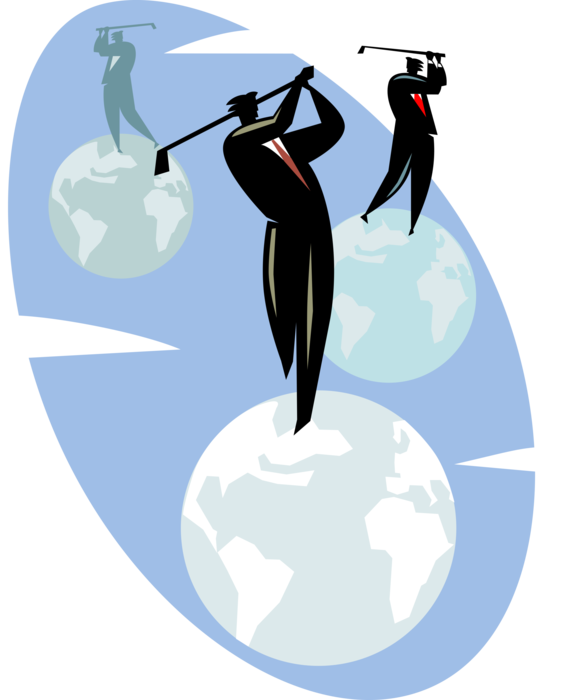 Vector Illustration of Businessmen Golfing with Golf Clubs Standing on Planet Earth