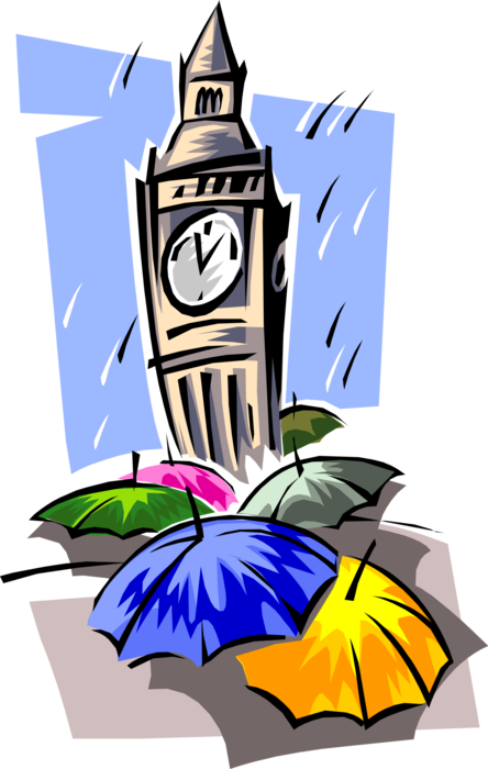 Vector Illustration of Big Ben Clock Tower Palace of Westminster on Rainy Day with Umbrellas, London, England, United Kingdom 