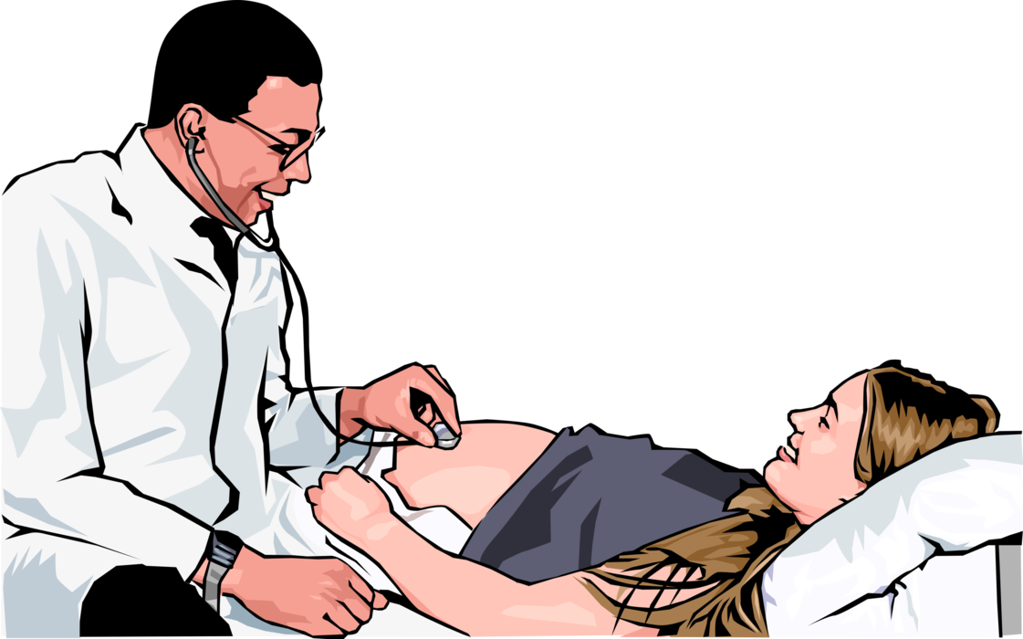 Vector Illustration of Health Care Professional Doctor Physician Examining Pregnant Woman with Stethoscope