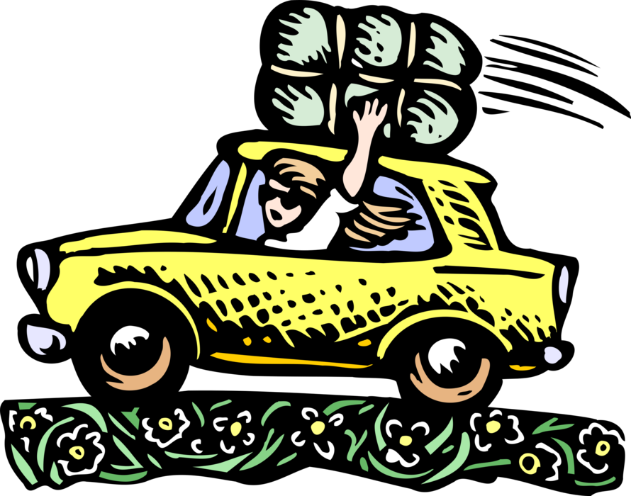 Vector Illustration of Vacation Road Trip with Waving Woman in Automobile Car