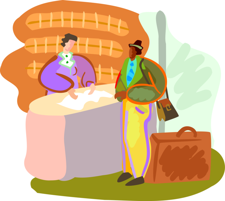 Vector Illustration of Tourist Checking Into Hotel with Luggage Suitcase
