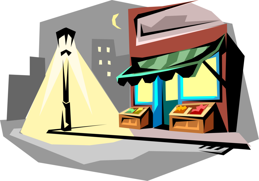 Vector Illustration of Neighborhood Fruit and Vegetable Vendor Grocery Food Corner Store at Night