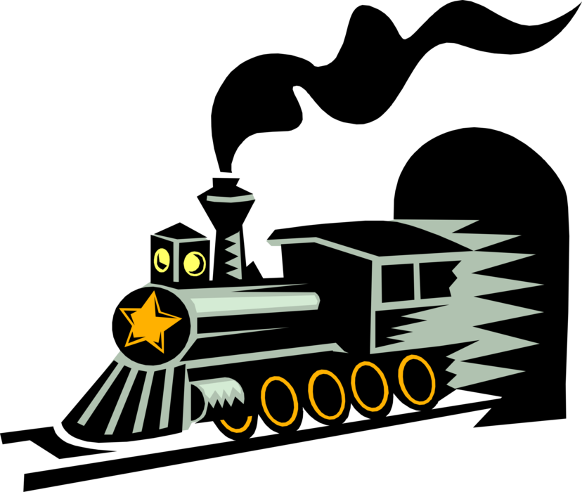 Vector Illustration of Railroad Rail Transport Speeding Locomotive Railway Train Emerges From Tunnel