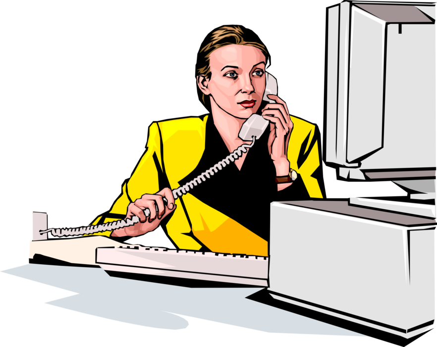 Vector Illustration of Businesswoman on Phone Checks Computer Records