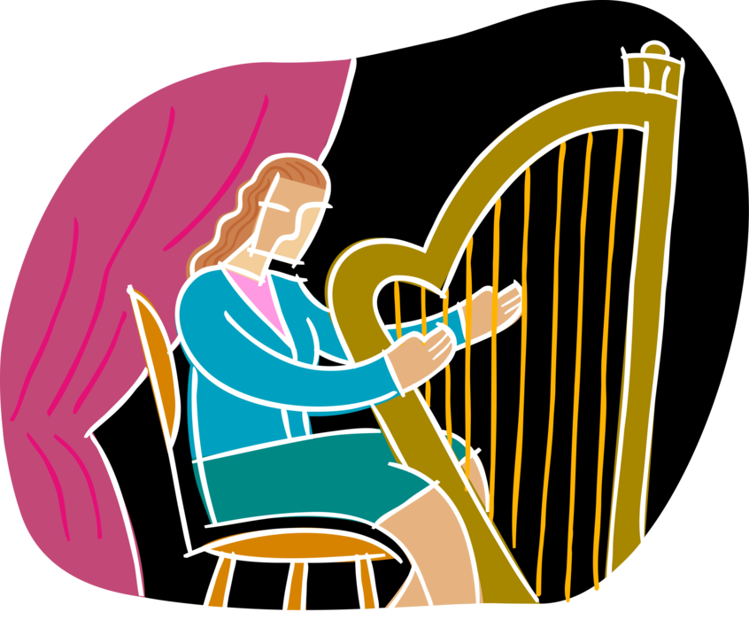 Vector Illustration of Concert Harpist Musician Playing the Harp Stringed Musical Instrument