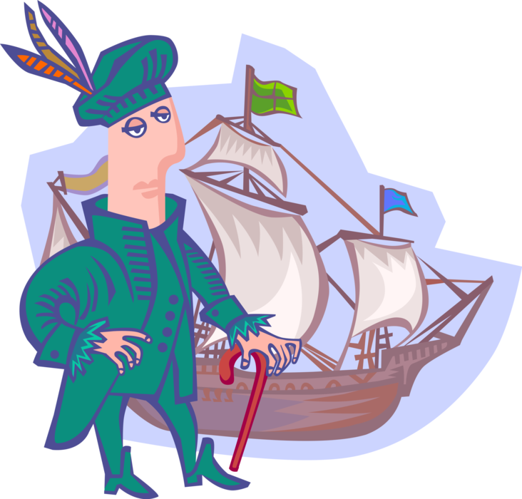 Vector Illustration of Christopher Columbus Poses with Santa Maria Ship Before Famous Voyage