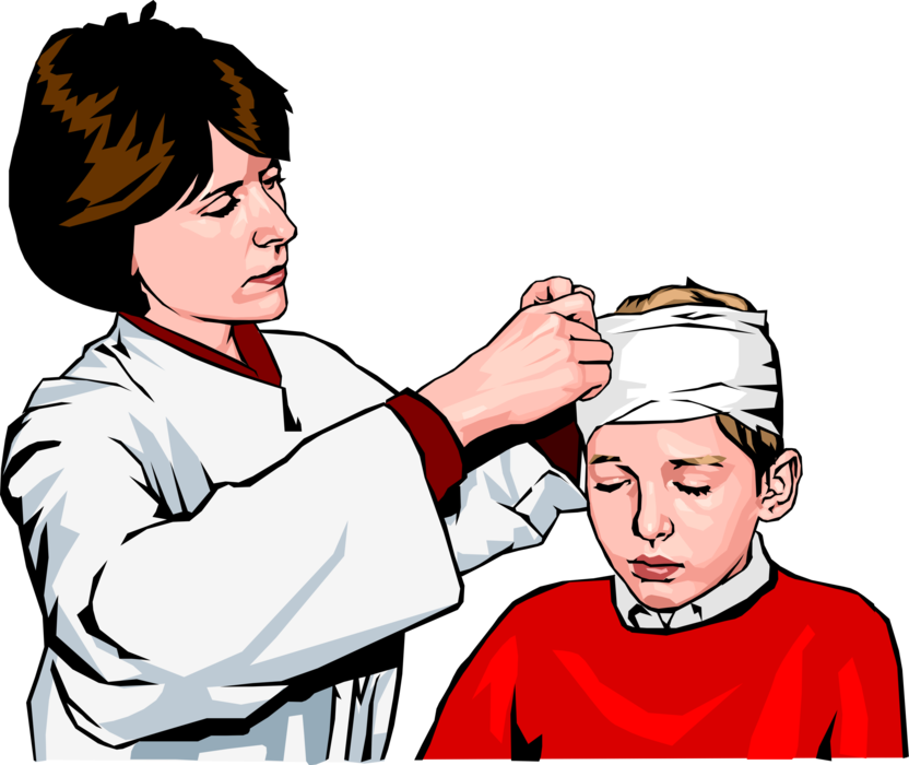 Vector Illustration of Boy Having Head Bandaged By Health Care Professional Doctor Physician After Injury 