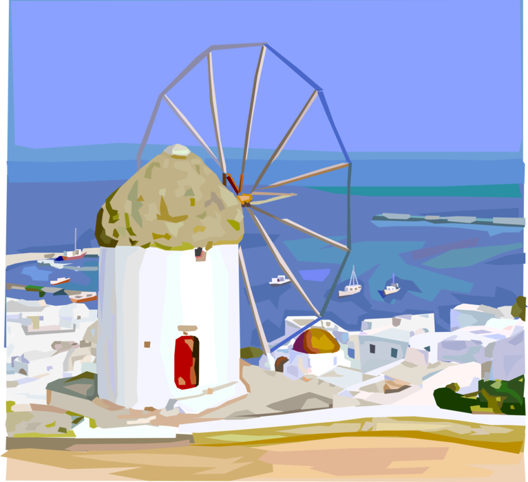 Vector Illustration of Greek Tourism in Cyclades Island of Santorini in Aegean Sea Windmill and Harbor