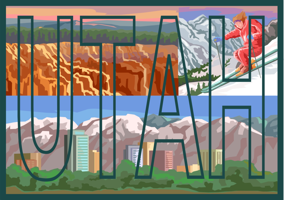 Vector Illustration of Utah Postcard Design with Bryce Canyon National Park and Salt Lake