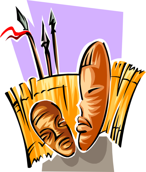 Vector Illustration of African Indigenous Warrior Tribal Masks with Spears
