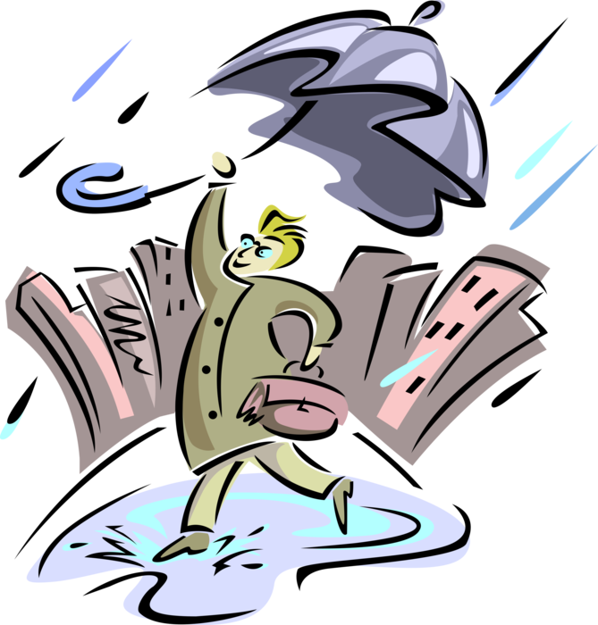 Vector Illustration of Man with Umbrella or Parasol Rain Protection Walks in the Rain