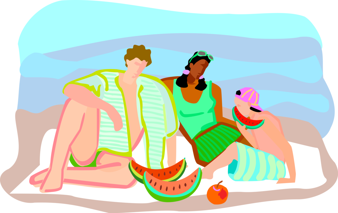 Vector Illustration of Summer Vacation Day at the Beach on Blanket in Sand with Watermelon