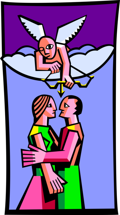 Vector Illustration of Romantic Lovers with Cupid Shooting His Bow & Arrow