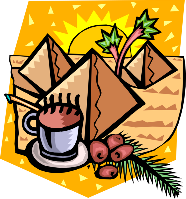 Vector Illustration of Ancient Egyptian Great Pyramids at Giza with Coffee Beans and Espresso